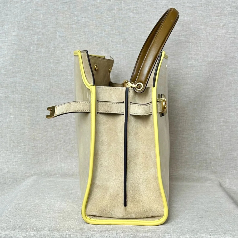 Tory Burch Large Lee Radziwill Beige and Yellow Patent Raincoat Satchel